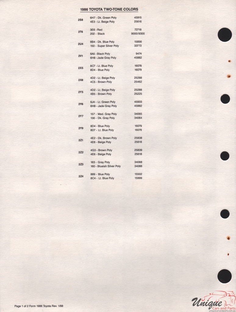 1986 Toyota Paint Charts PPG 3